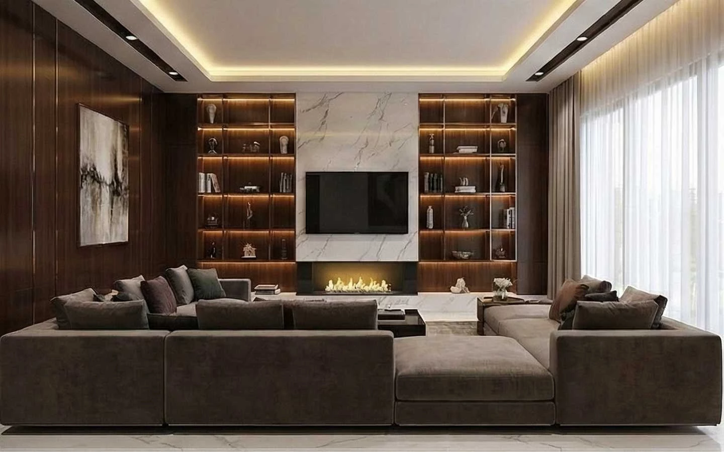 Luxury modern living room interior with large sectional sofa, built-in wooden shelves with lighting, marble fireplace, flat-screen TV, and floor-to-ceiling sheer curtains