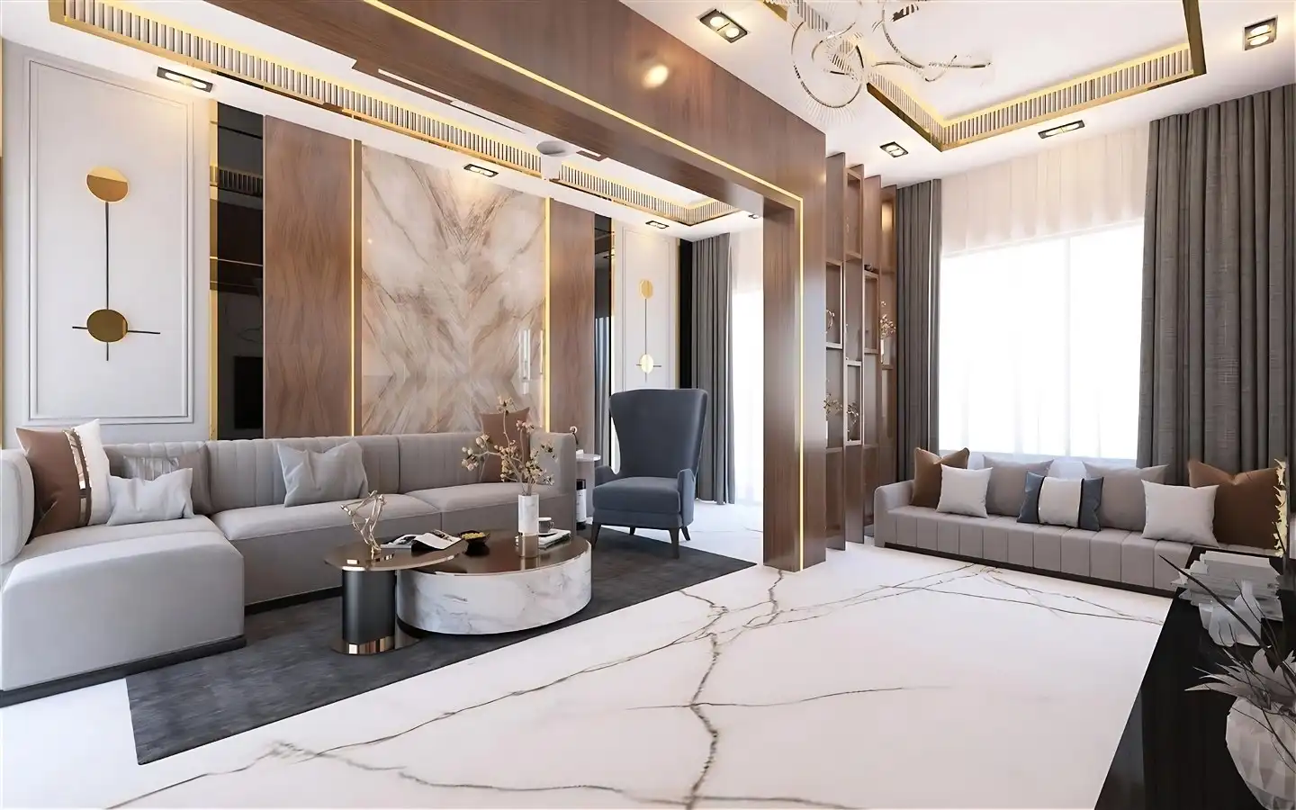 Modern luxury living room featuring a white marble floor with dark veins, a grey sectional sofa, and a custom wooden room divider with integrated lighting
