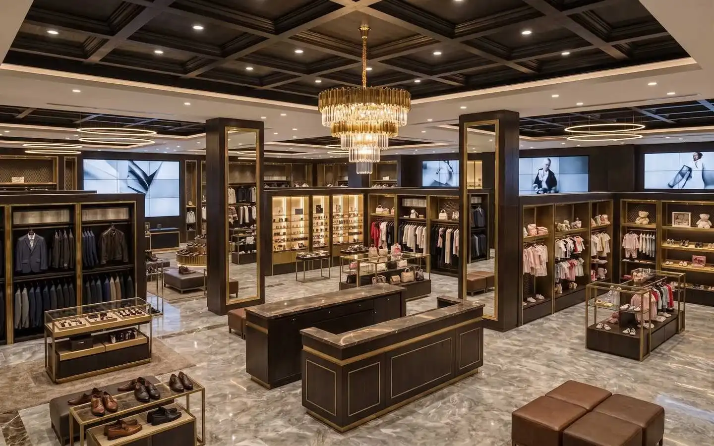 High-end multi-department showroom interior featuring a black coffered ceiling, grand gold chandelier, marble flooring, and premium gold-trimmed display cases for apparel and accessories