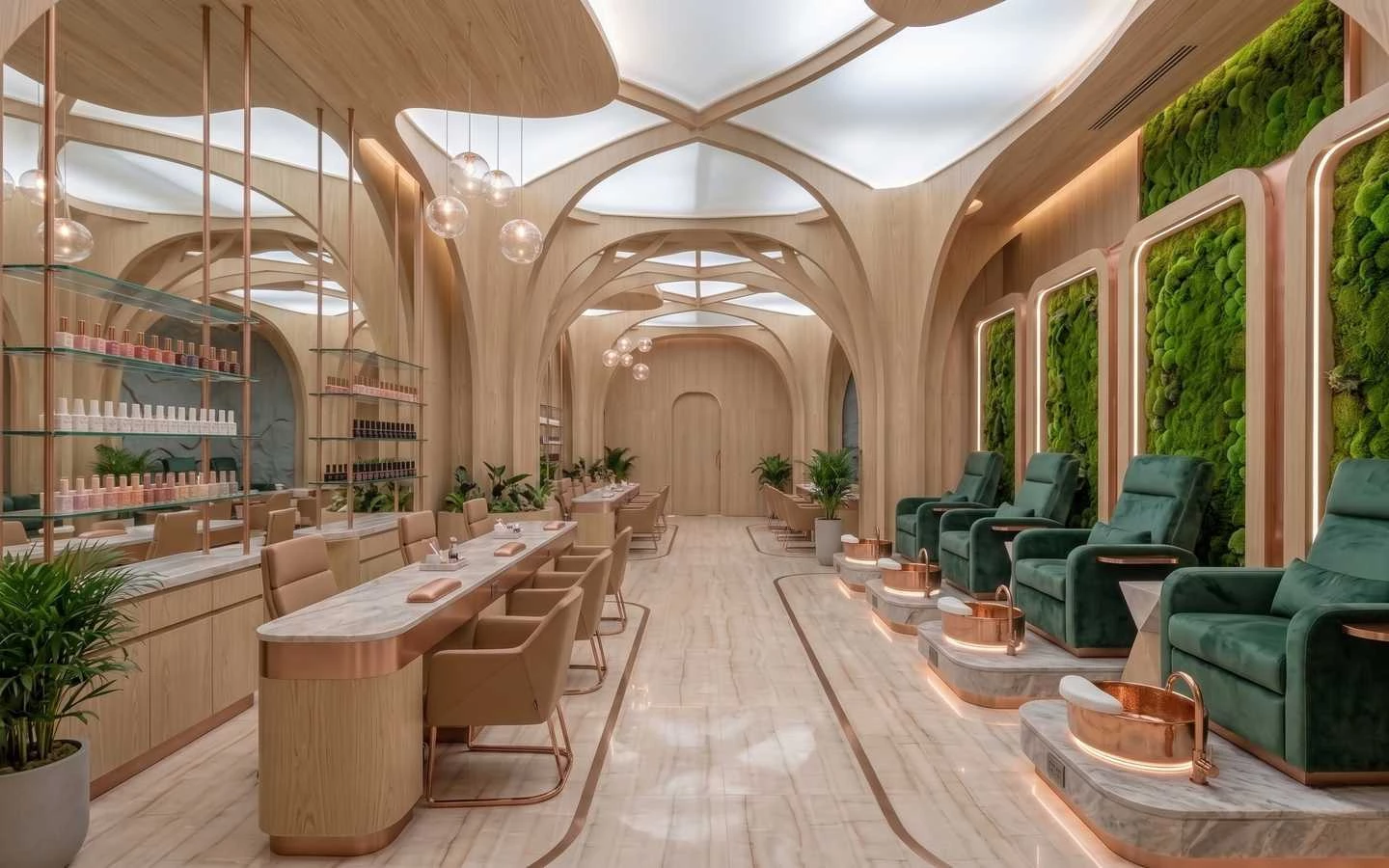 Upscale nail salon interior featuring marble manicure tables, green velvet pedicure chairs, vertical moss walls, and arched wooden ceiling architecture