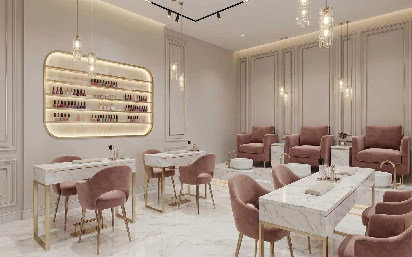 Elegant nail salon interior featuring marble manicure tables, pink velvet chairs, a gold-framed polish display, and dedicated pedicure stations