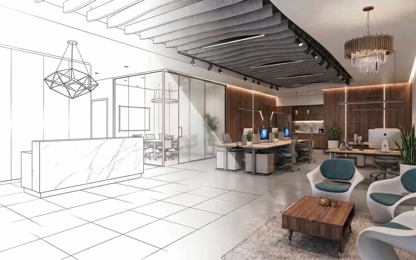 Modern corporate office interior design in Delhi featuring a marble reception desk and wave-pattern acoustic ceiling baffles