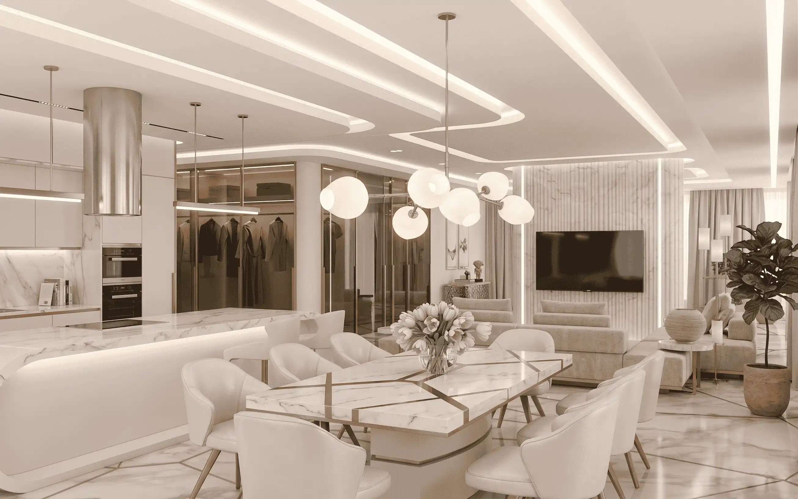 Luxury open-concept residential interior design featuring a modern dining area with a marble table, a contemporary white kitchen, custom ceiling lighting, and a glass-enclosed wardrobe in a neutral color palette