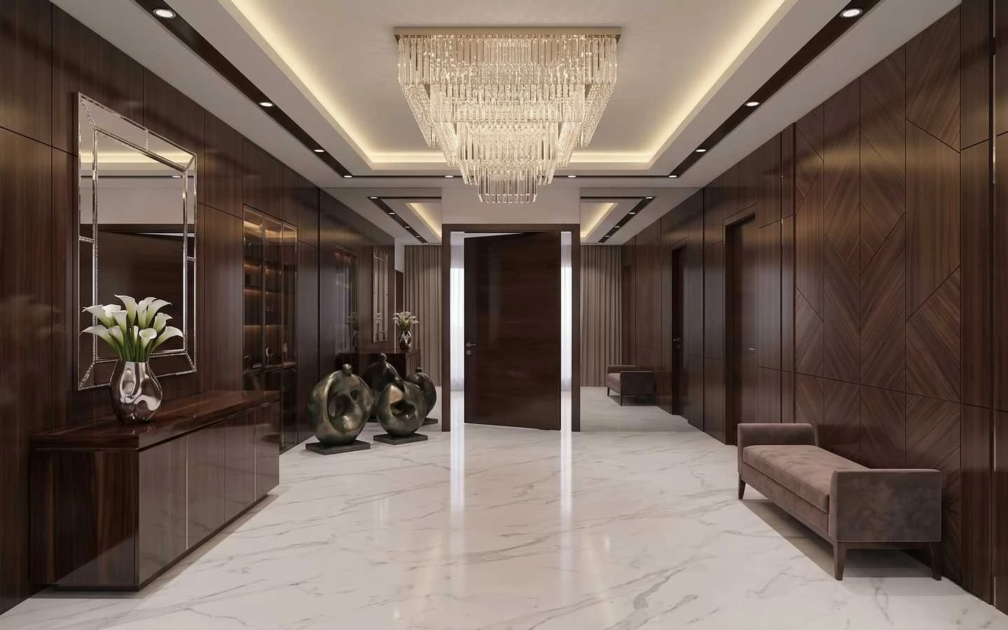 Grand luxury penthouse hallway featuring dark walnut wood wall paneling with chevron patterns, white marble flooring, and a large tiered crystal chandelier
