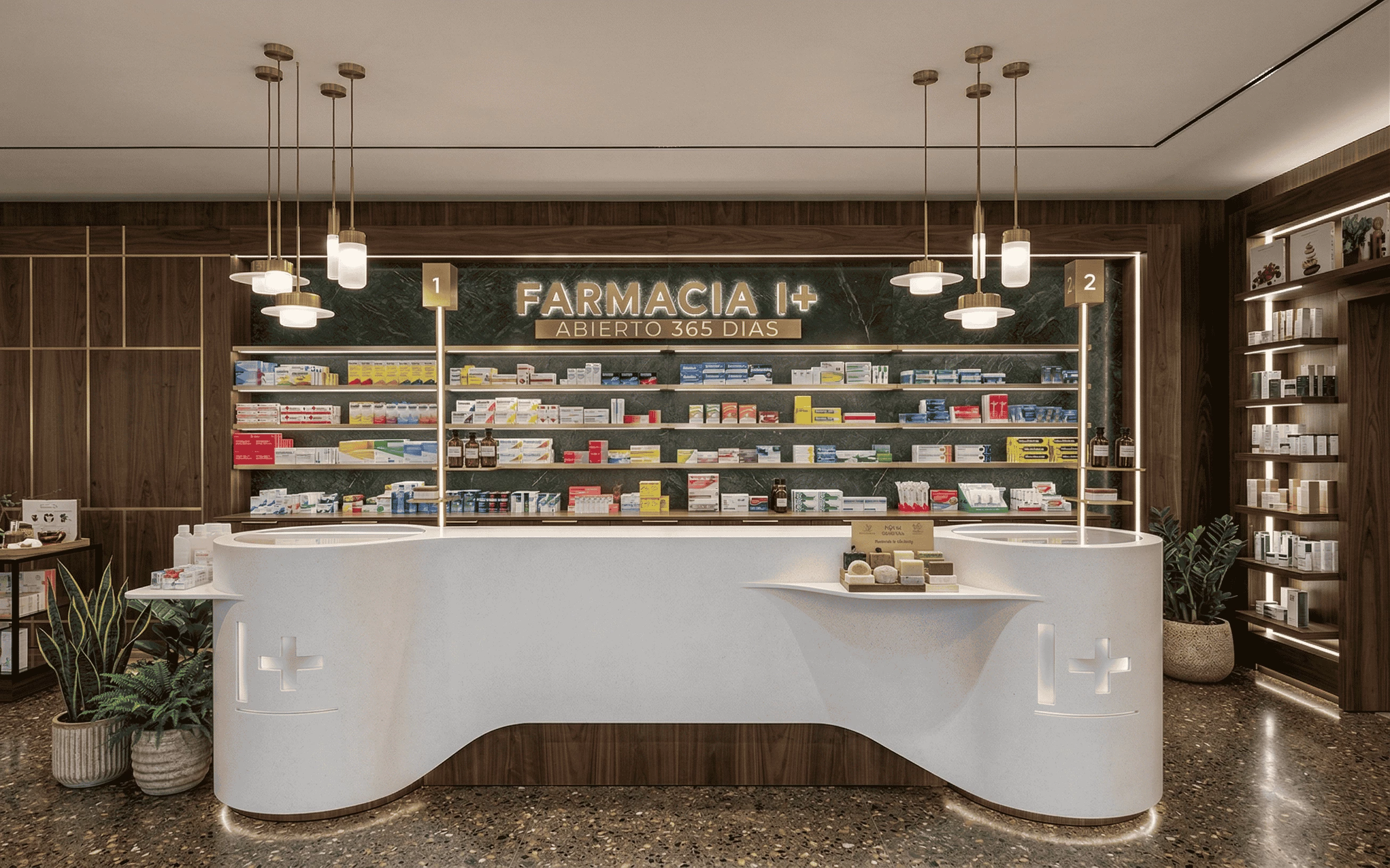 Modern luxury pharmacy interior design featuring a curved white stone service counter, wood-paneled walls, and illuminated shelving with gold accents under contemporary pendant lighting