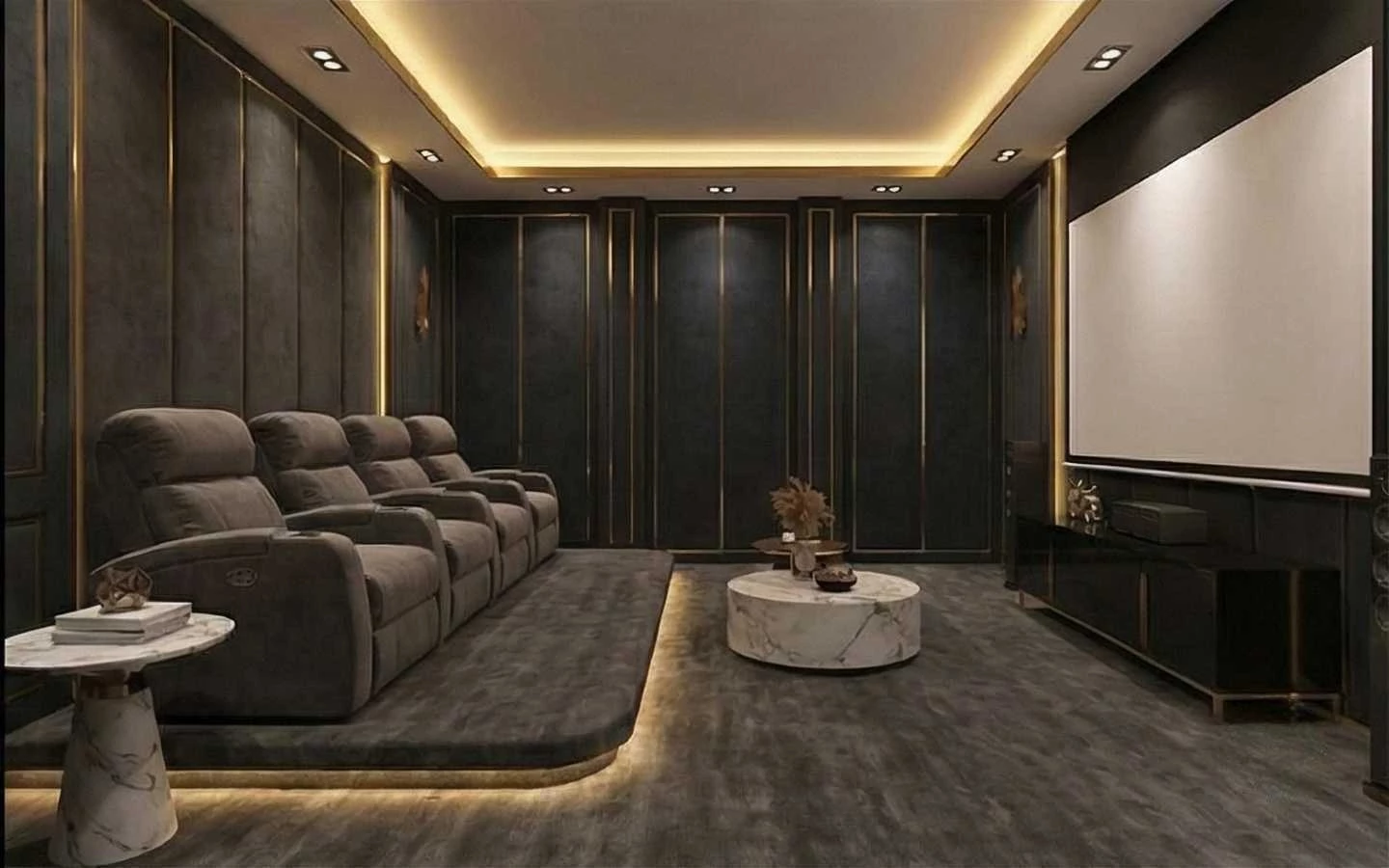 Luxury home theater featuring dark charcoal fluted wall panels with gold metallic trim, tiered recliner seating, a large projection screen, and a marble round coffee table with integrated cove lighting