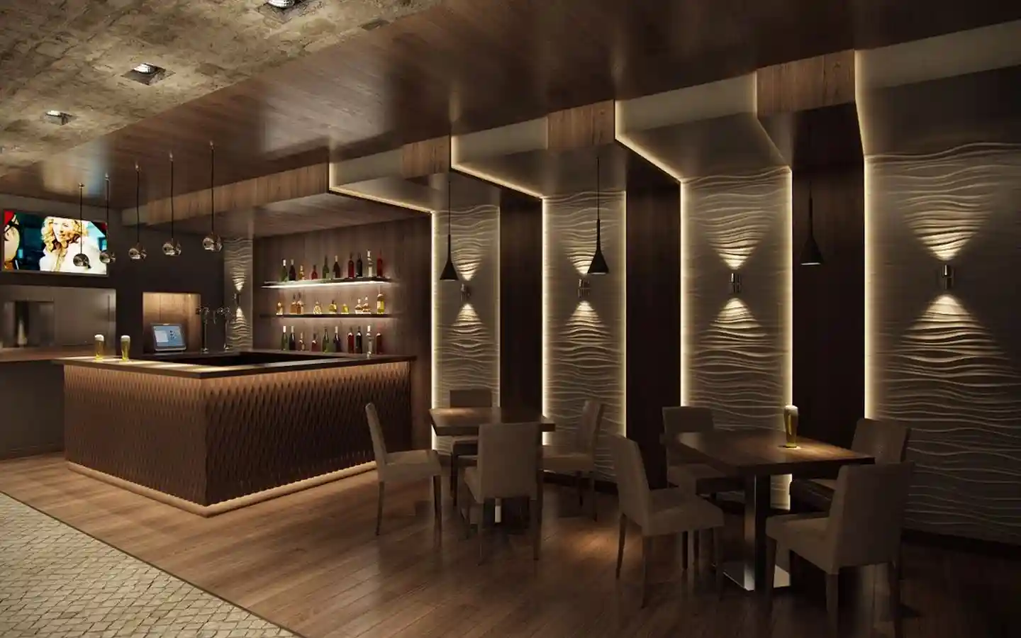 Luxury pub lounge interior with warm ambient lighting, 3D textured wall panels, a dark wood bar counter, and elegant dining seating