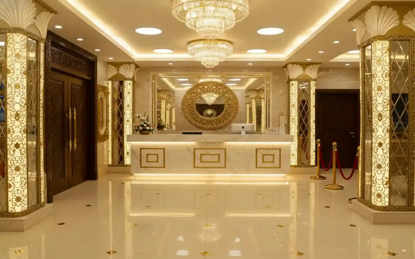 Luxury marble reception desk with gold accents and crystal chandeliers in a modern banquet hall lobby