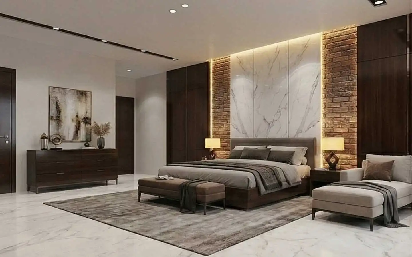 Luxury master bedroom featuring a custom accent wall with marble panels and exposed brick, a dark wood dresser, a plush grey bed, and polished marble flooring