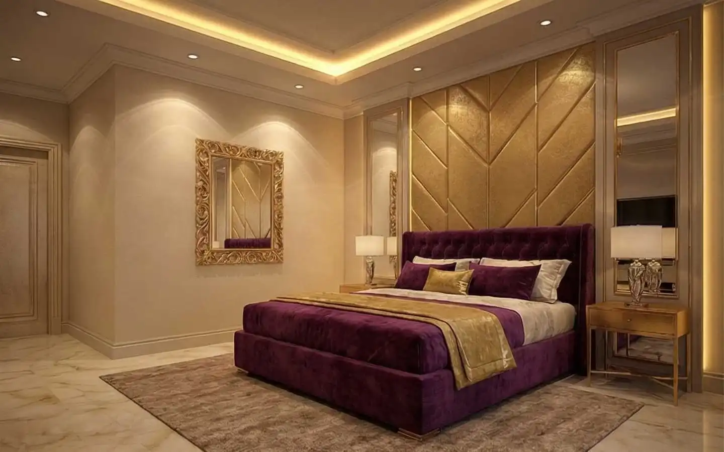 Luxury residential master bedroom featuring a deep purple tufted bed, a gold chevron-patterned accent wall, ornate gold-framed mirrors, and elegant tray ceiling lighting