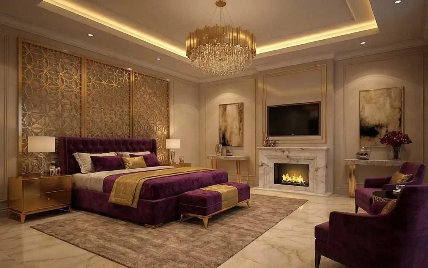 Luxury residential bedroom featuring a tufted purple velvet bed, a large gold lattice headboard screen, a marble fireplace with a wall-mounted TV, and a grand crystal chandelier