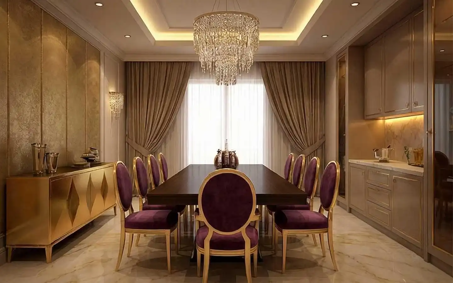 Luxury residential dining room featuring purple velvet chairs with gold frames, a large dark wood table, a tiered crystal chandelier, and a gold geometric sideboard