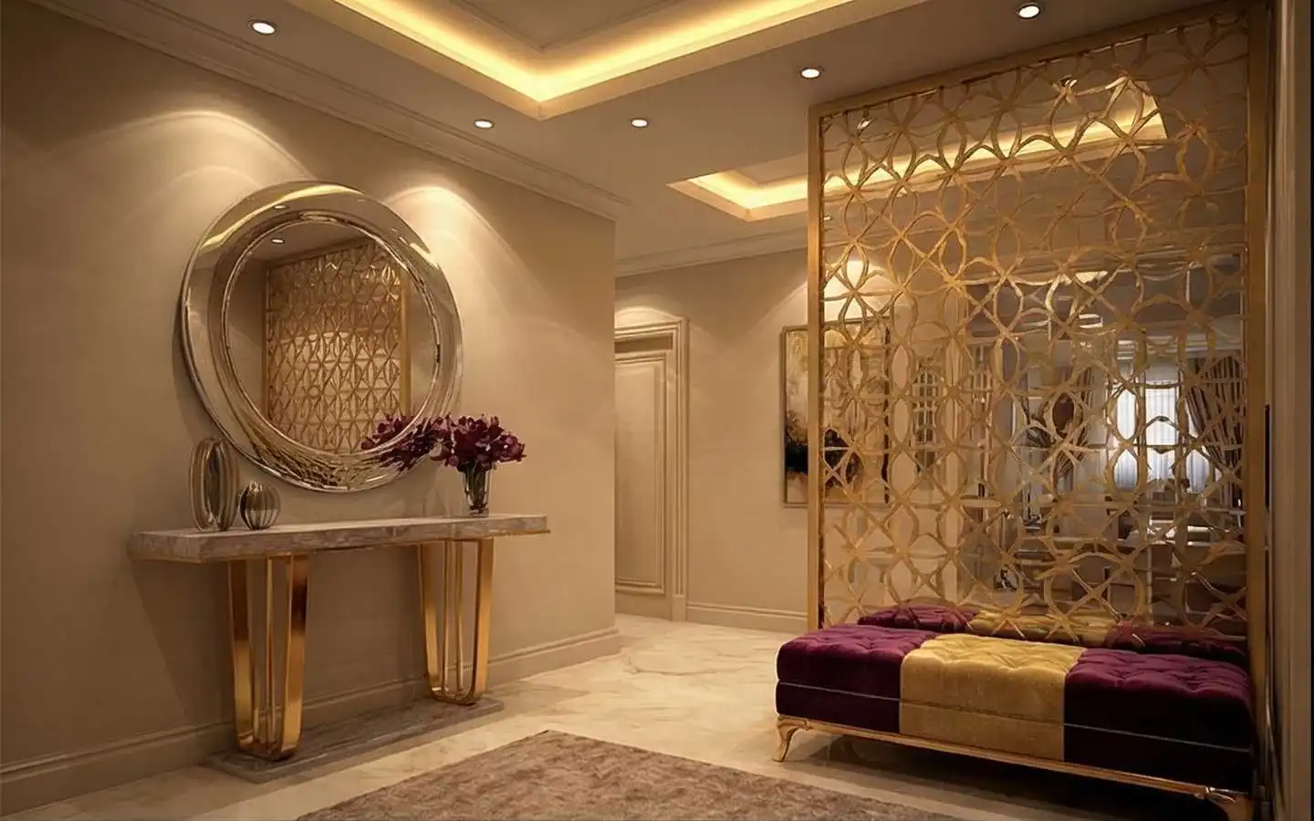 Luxury residential entryway featuring a gold console table with a large circular mirror, an ornate gold lattice room divider, and a purple velvet tufted bench