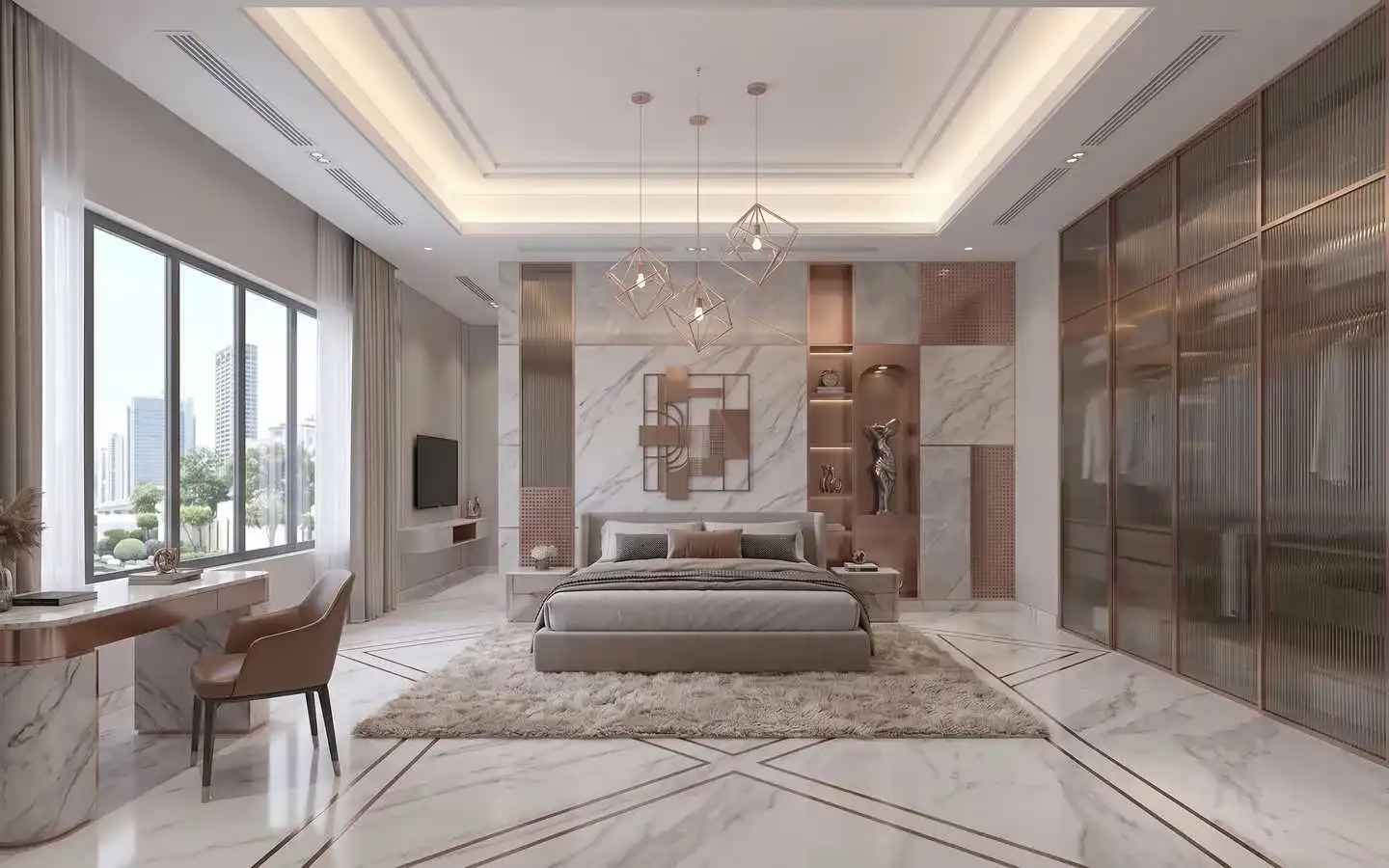 Luxury residential master bedroom featuring a marble accent wall with rose gold inserts, a large glass-door walk-in wardrobe, marble flooring with geometric patterns, and a modern desk with city views