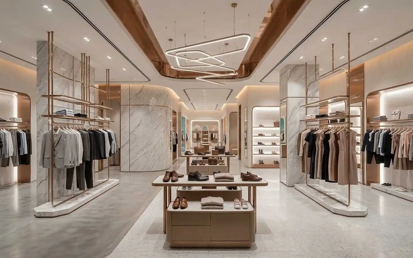 Luxury retail cloths store interior featuring modern curved ceiling architecture, copper accents, and minimalist garment displays