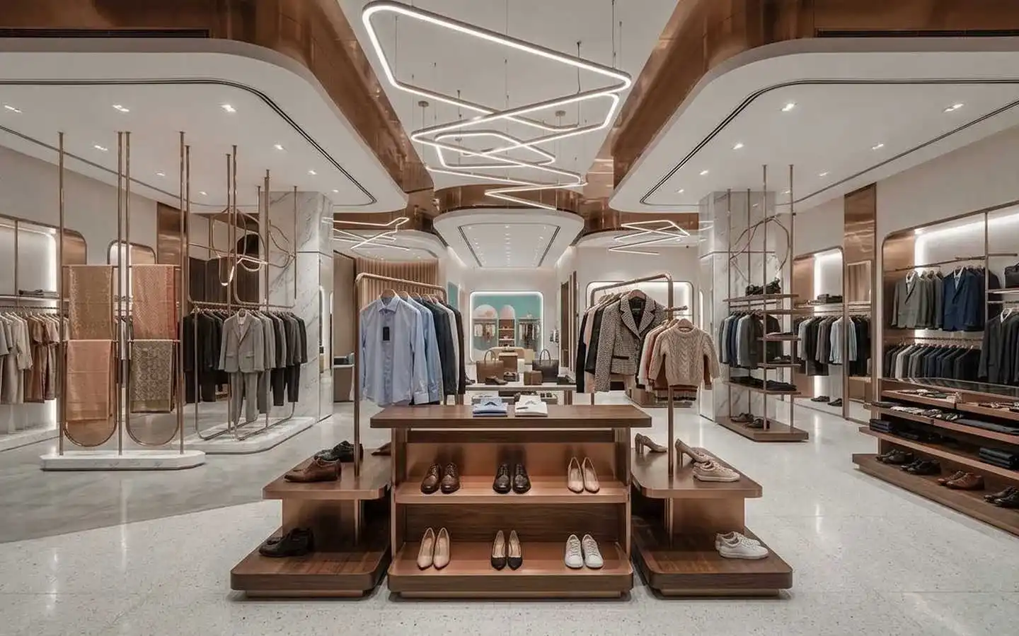 luxury-retail-clothing-store-interior-design.jpg  Final Alt Text: Luxury retail clothing store interior featuring modern curved ceiling architecture, copper accents, and minimalist garment displays