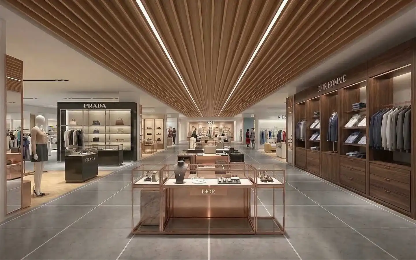Modern luxury retail showroom interior featuring wood slat ceilings, Dior and Prada brand displays, and high-end fashion cabinetry