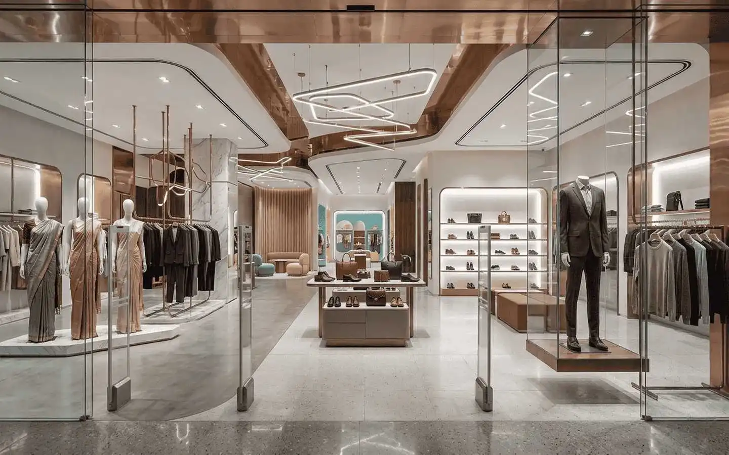 Upscale retail showroom interior featuring modern minimalist clothing displays, elegant recessed lighting, and high-end marble and wood finishes