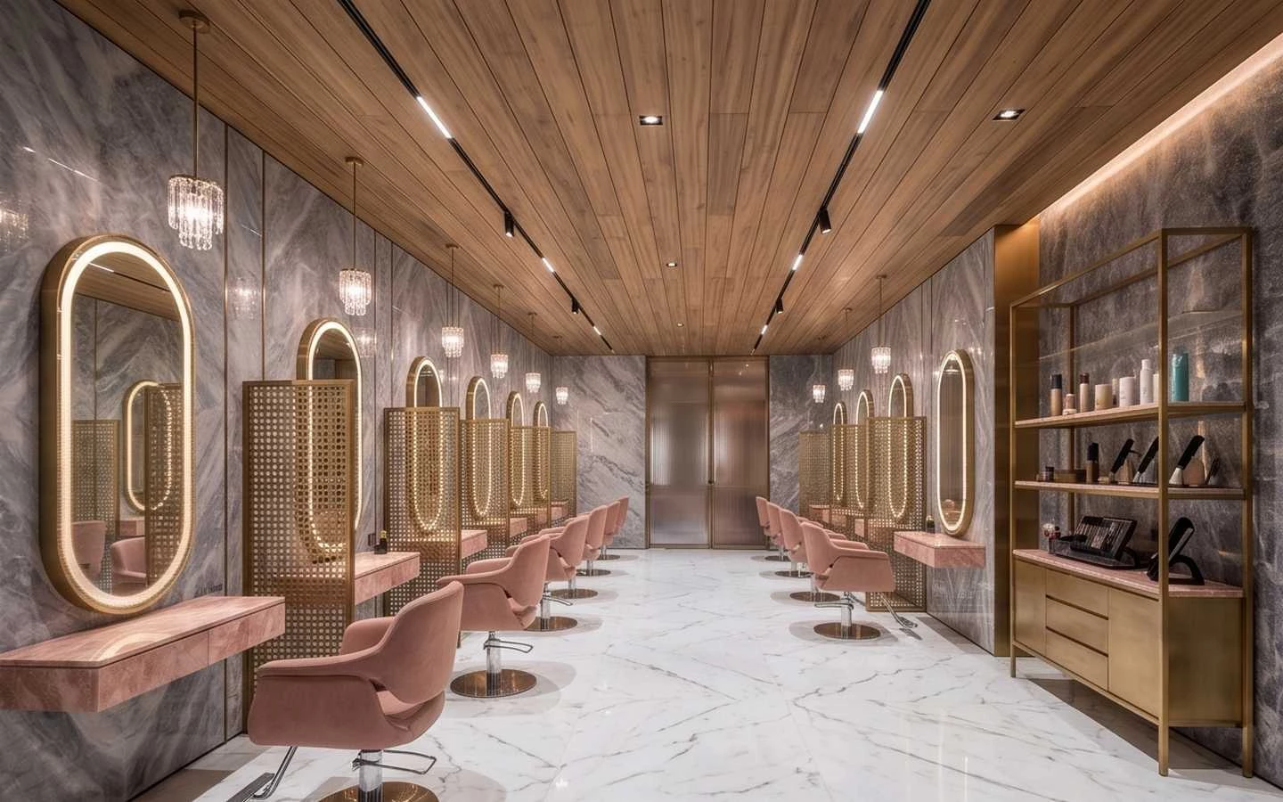Modern luxury salon interior featuring grey marble walls, pink velvet styling chairs, oval backlit mirrors, and a wooden ceiling