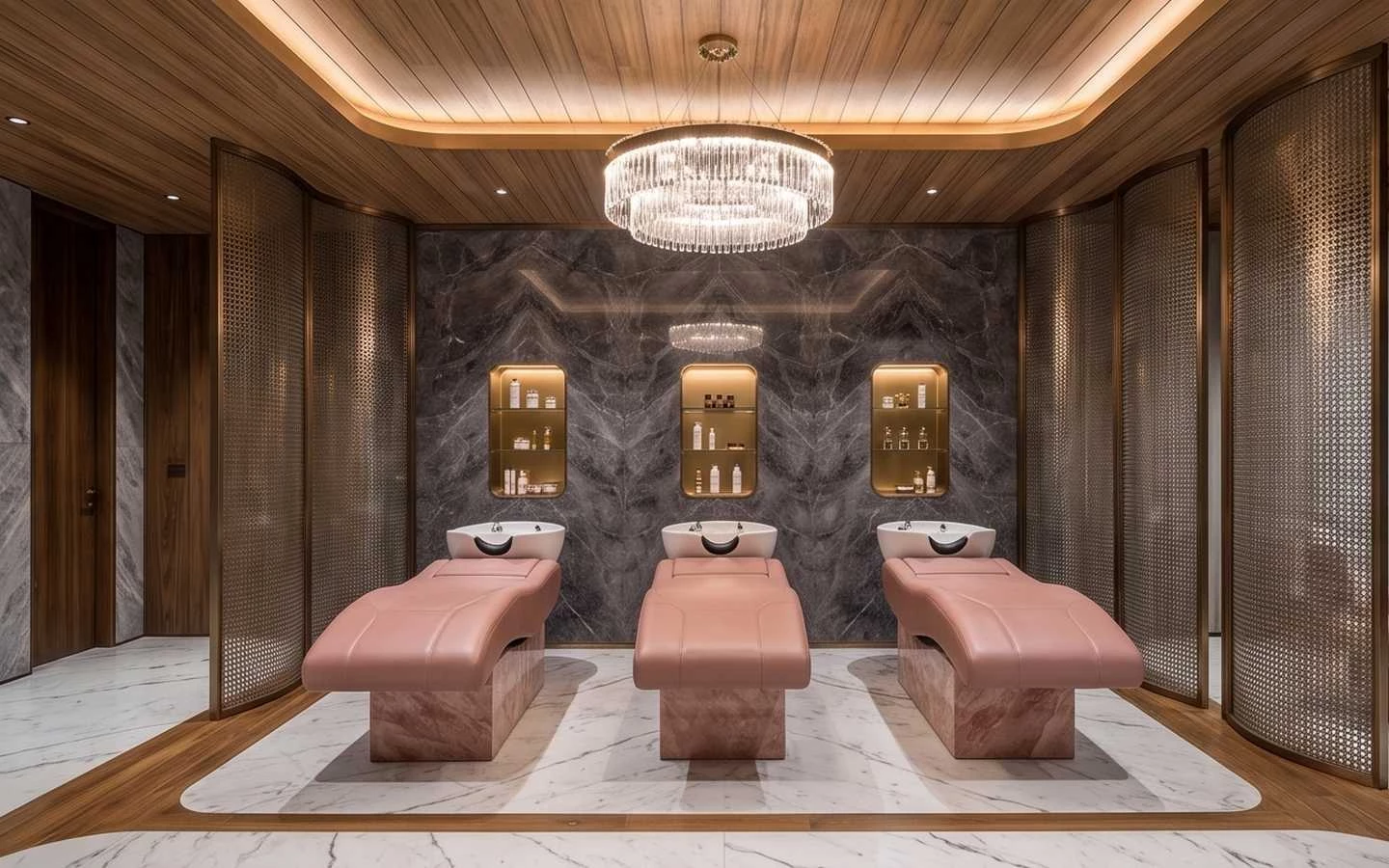 Modern luxury hair salon shampoo area featuring pink leather wash beds, grey marble walls, and a crystal chandelier lighting fixture