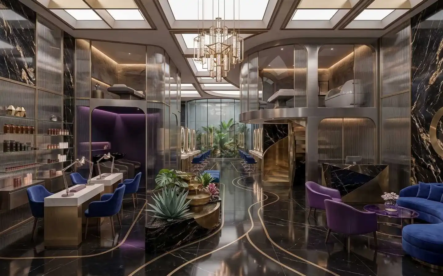 Luxury multi-level salon and spa interior featuring black marble walls, gold accents, velvet seating, a grand chandelier, and specialized treatment zones