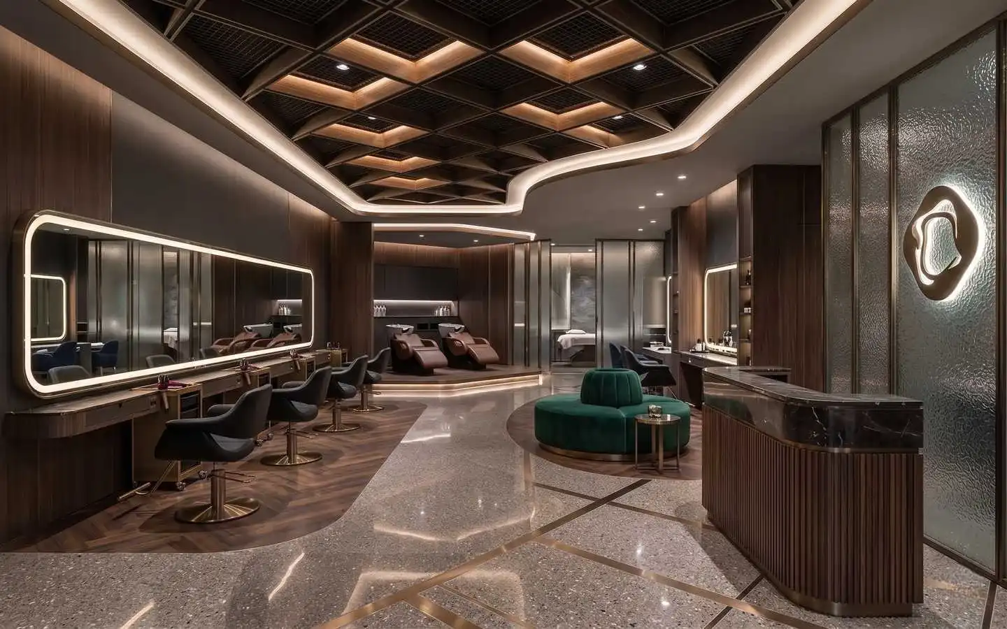 Luxury hair salon and spa interior design in Delhi featuring a custom coffered ceiling with LED lighting, marble reception desk, and premium velvet seating