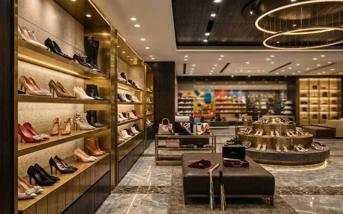 High-end shoe boutique interior featuring gold-finished wall shelving with integrated LED lighting, marble floors, and tiered circular footwear display stands