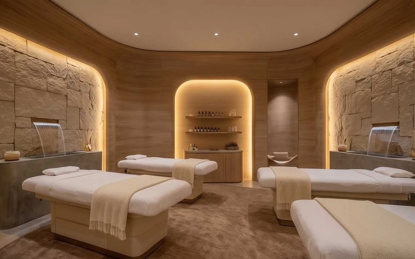 Modern luxury spa treatment room with minimalist wooden walls, stone accents, integrated waterfalls, and four professional massage tables