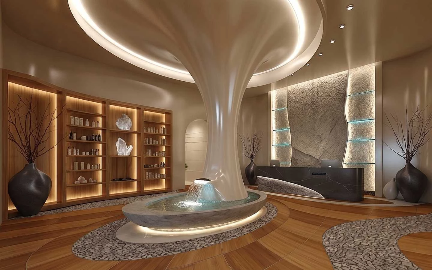 Modern luxury spa reception area featuring a central sculptural water fountain, curved wooden shelving, and a stone accent wall with integrated lighting