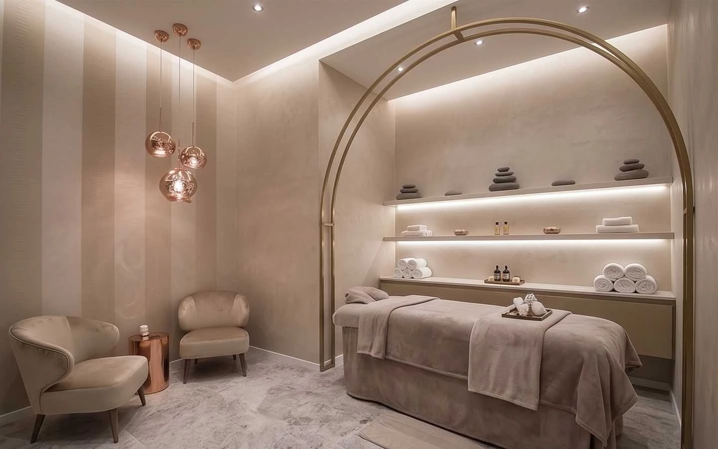 Modern luxury spa treatment room featuring a plush massage table, gold arch accent, rose gold pendant lighting, and velvet seating in a neutral cream palette