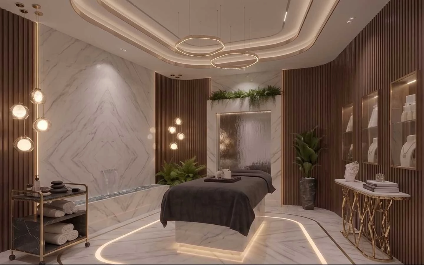 Luxury spa treatment room featuring a marble massage table, wood-slat accent walls, elegant pendant lighting, and a marble water feature