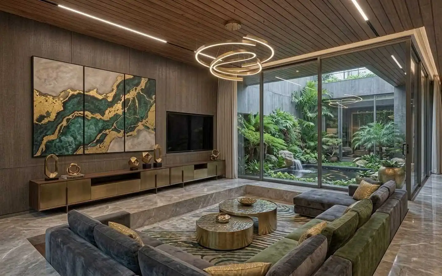 Modern luxury sunken living room featuring a velvet sectional sofa, gold coffee tables, and wood-paneled walls, with floor-to-ceiling windows overlooking a tropical koi pond with a waterfall