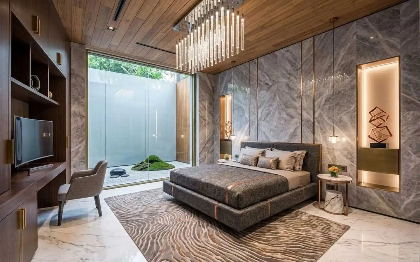 Modern luxury villa bedroom featuring a bookmatched marble feature wall, integrated wood study desk with TV, crystal chandelier, and glass wall overlooking a private Zen garden