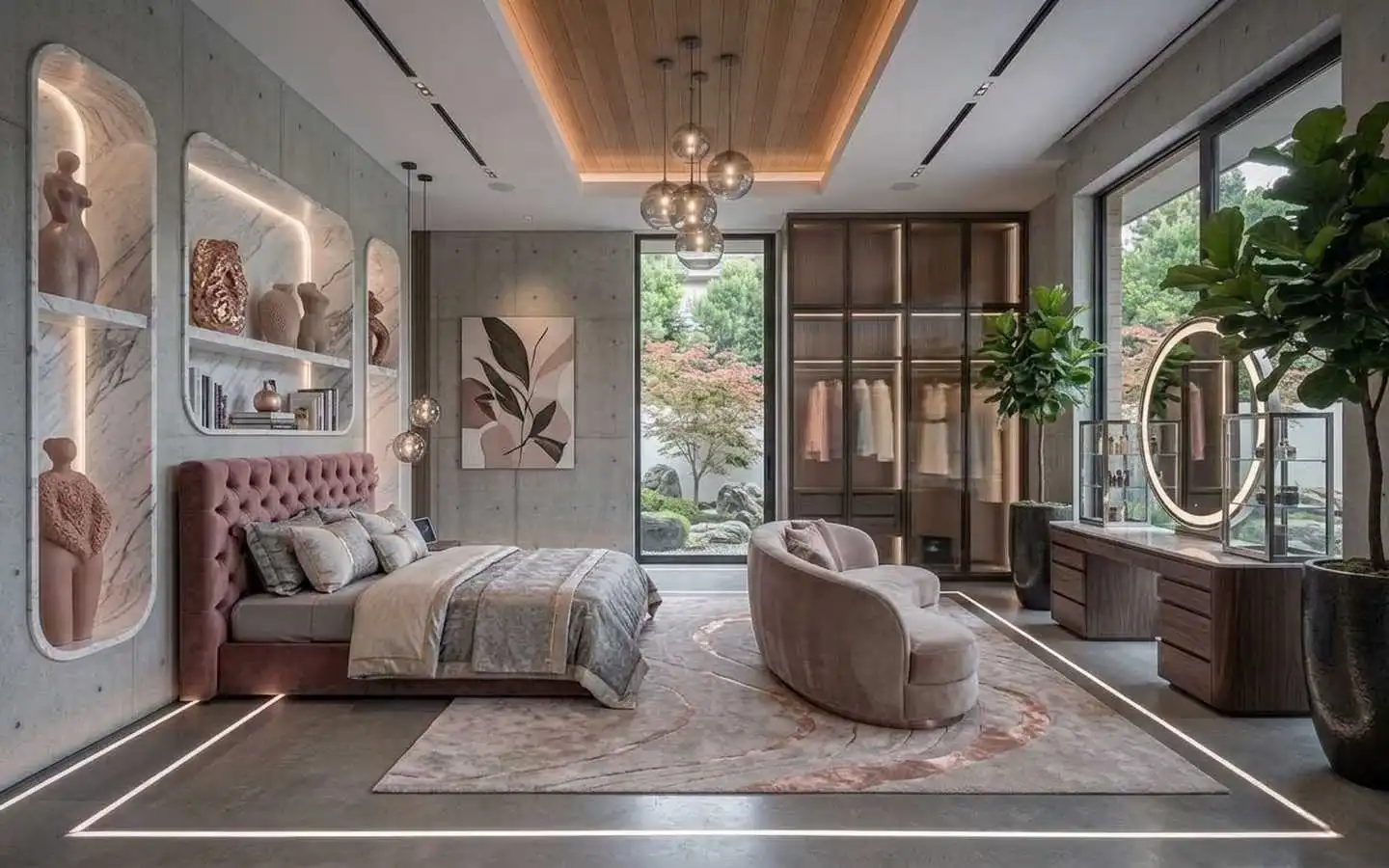 Elegant villa master bedroom featuring a pink tufted headboard, curved marble wall niches, a modern dressing table with a circular LED mirror, and a glass-door walk-in wardrobe