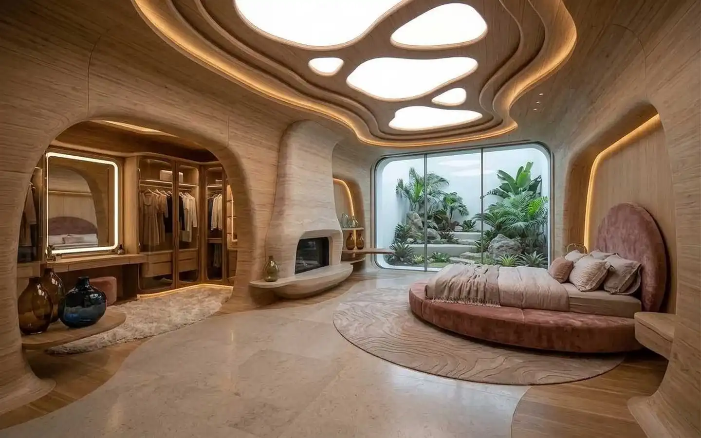 Luxury villa bedroom design featuring a pink velvet round bed, walk-in wardrobe with glass doors, organic wooden architecture, and garden view