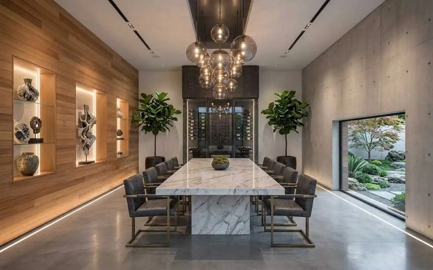 Modern villa dining room featuring a large white marble table, a glass-enclosed walk-in wine cellar, warm wood-paneled walls with lit display niches, and a cascading globe chandelier