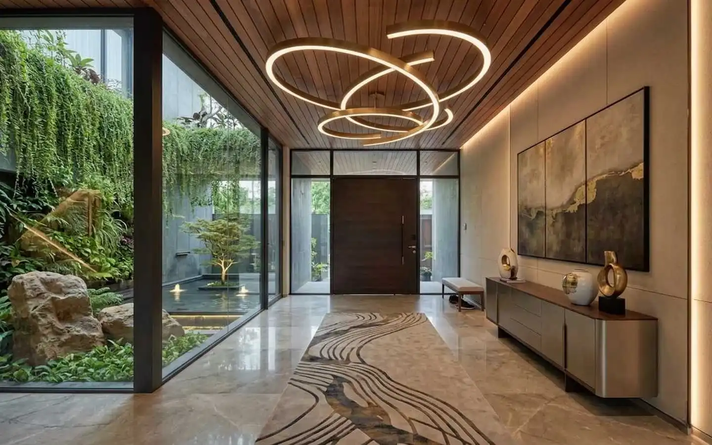 Modern luxury villa entrance featuring a wood plank ceiling, a large gold circular LED chandelier, and a glass wall overlooking a vertical garden and outdoor pond