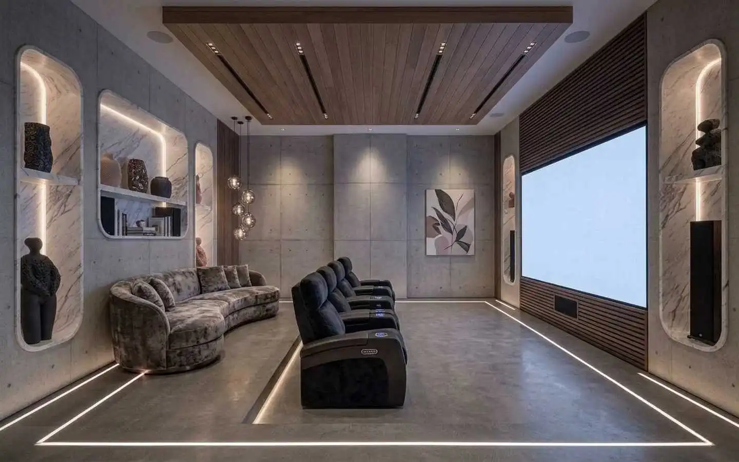 Modern villa home theatre featuring luxury black leather recliners, a curved velvet sofa, marble display niches, and a large projection screen with a wood slat acoustic surround