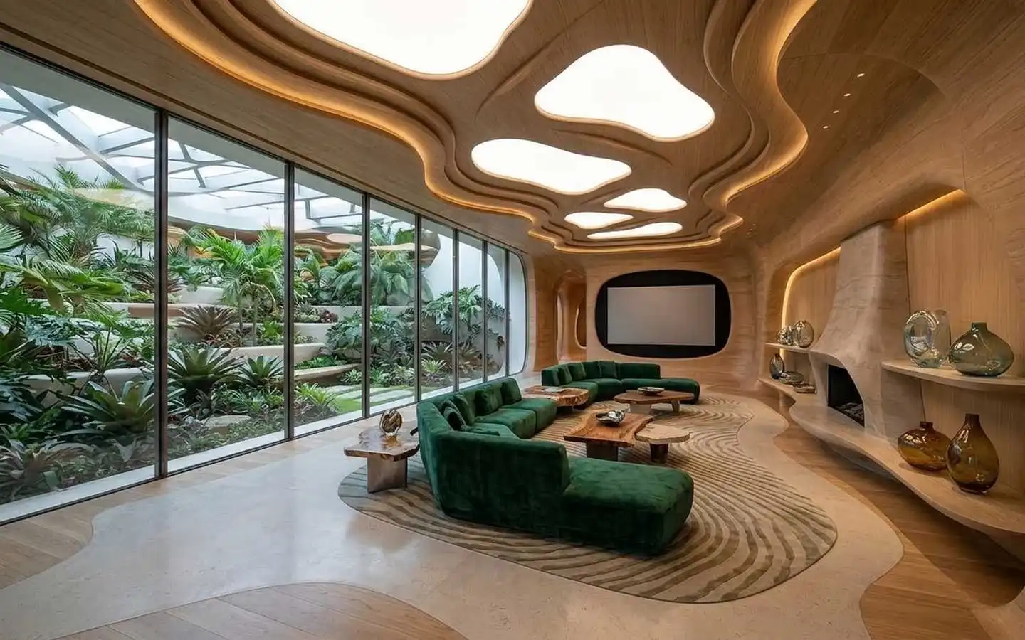 Modern luxury villa living room featuring a green velvet sectional sofa, organic wood ceiling with skylights, and a large indoor garden view