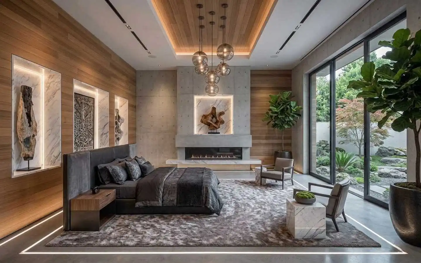 Modern villa master bedroom featuring a sleek linear fireplace, a wood-slat tray ceiling with a globe chandelier, and large glass walls overlooking a private Japanese-style Zen garden