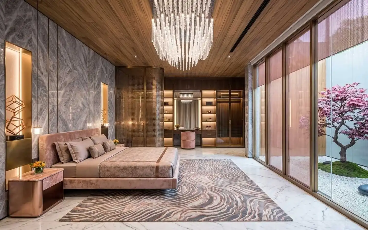 Modern luxury villa master suite featuring a pink velvet bed, bookmatched marble walls, a custom walk-in closet with integrated vanity, and floor-to-ceiling windows overlooking a pink blossom Zen garden