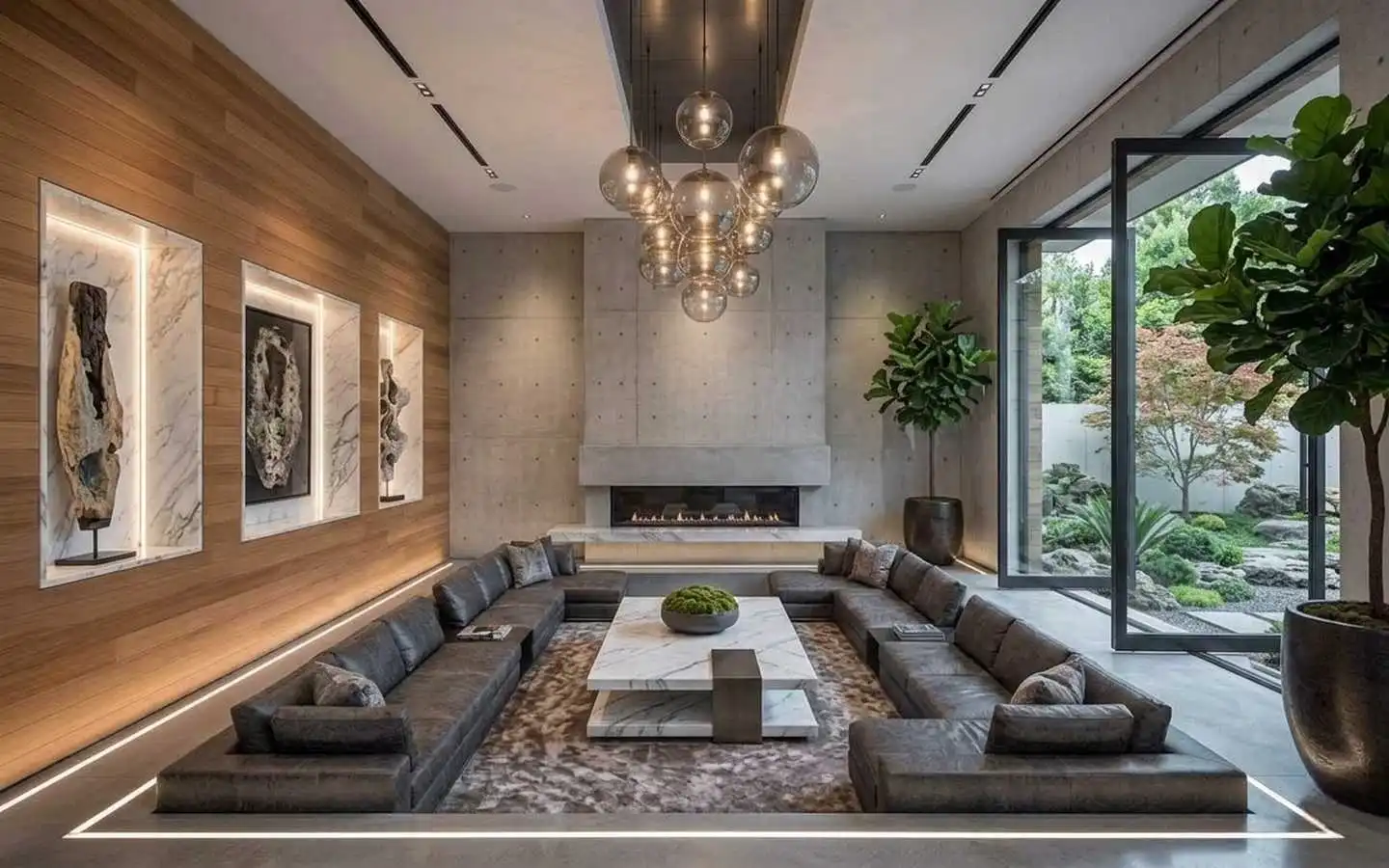 Modern villa sunken conversation pit featuring a large leather sectional, a linear stone fireplace, marble display niches, and floor-to-ceiling pivot doors opening to a Zen garden.