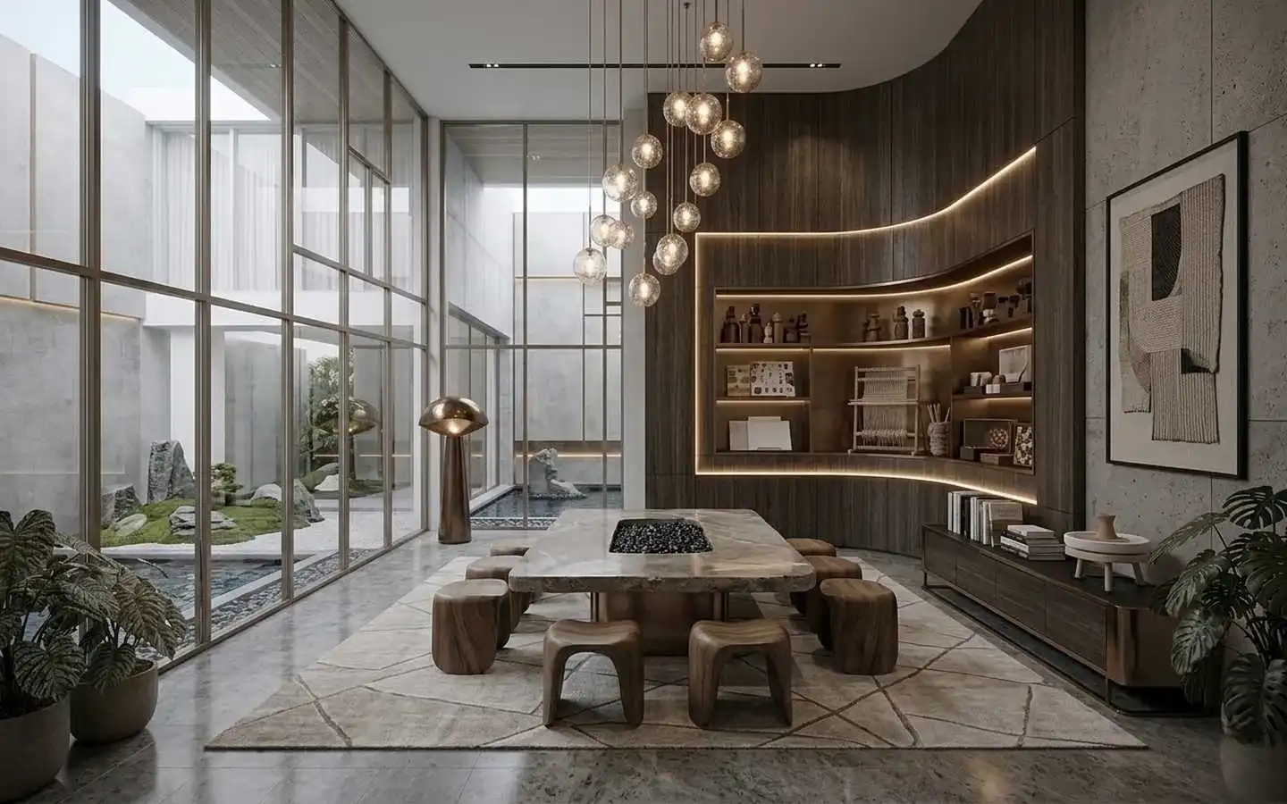 Luxury Zen-inspired meeting room featuring a curved dark wood feature wall with backlit shelving, a stone table with wooden stools, and floor-to-ceiling glass walls overlooking an indoor rock garden and reflection pool