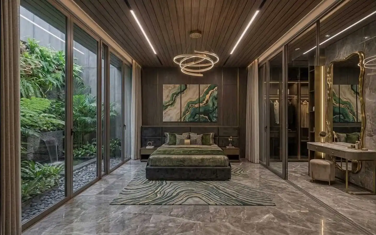 Luxury master suite featuring a glass-enclosed walk-in closet with LED lighting, a designer vanity with a gold-framed mirror, and floor-to-ceiling windows overlooking a tropical vertical garden