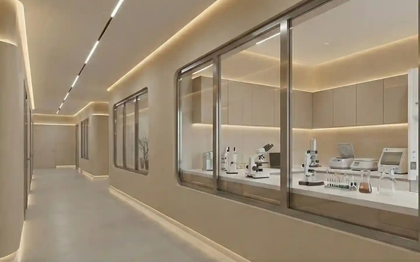 Modern medical laboratory interior with glass partition windows, warm recessed LED lighting, and minimalist beige hallway design