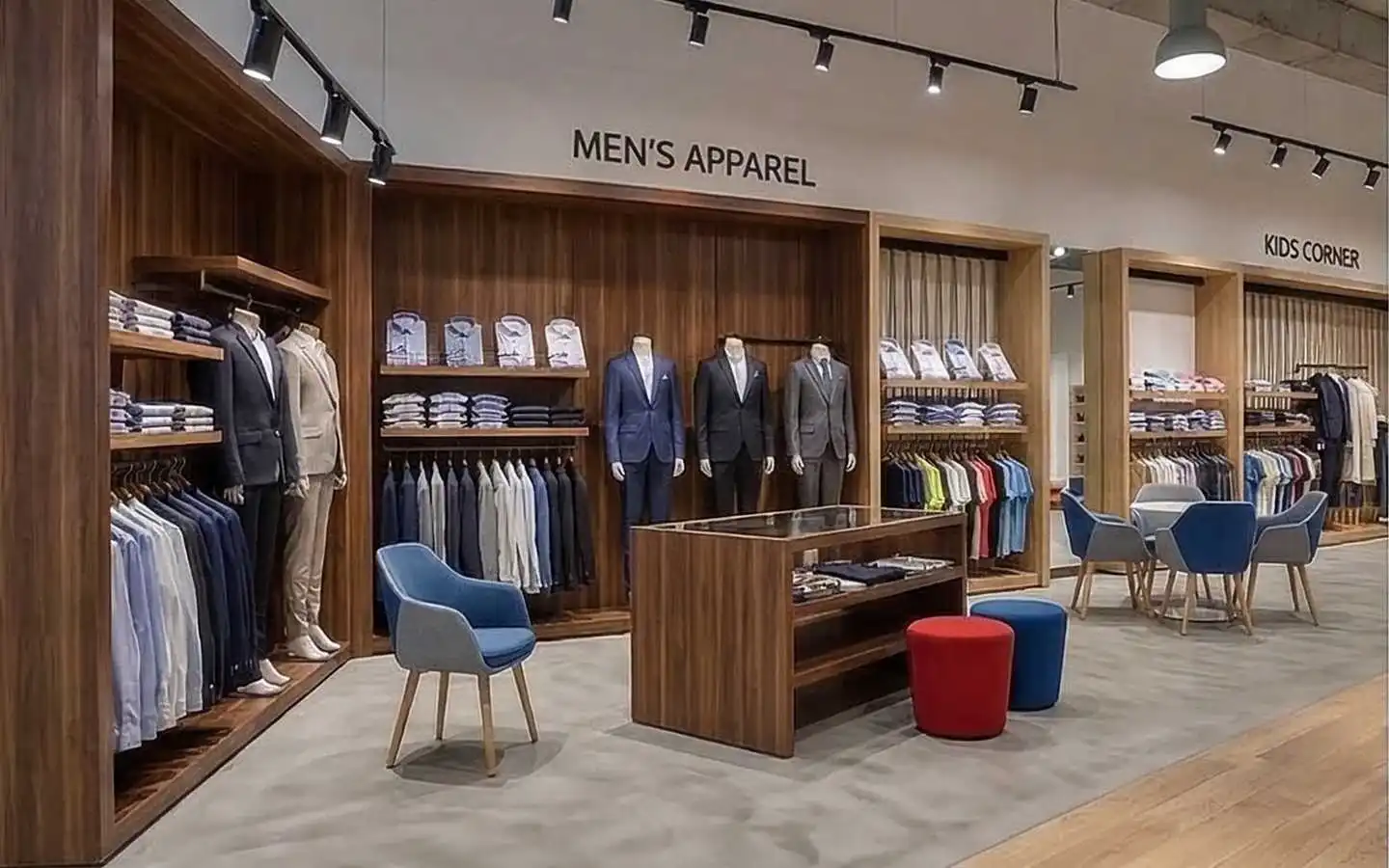 Modern men's apparel showroom interior featuring premium dark wood wall displays, organized clothing racks, and a stylish seating area with blue and red accents