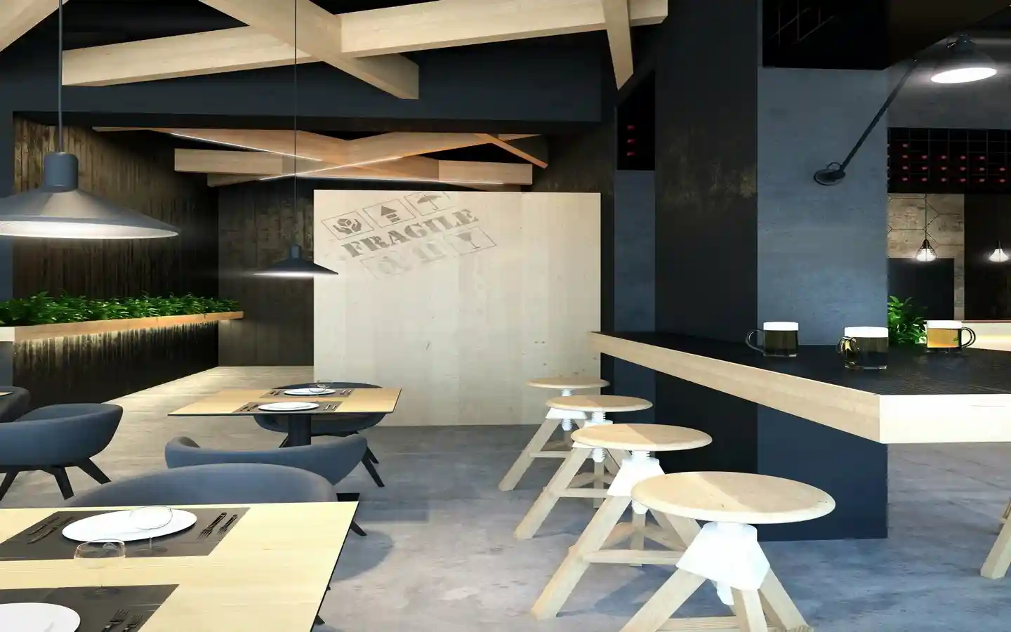 Contemporary bistro interior featuring exposed wooden ceiling beams, light wood bar stools, black walls, and a creative shipping crate partition wall