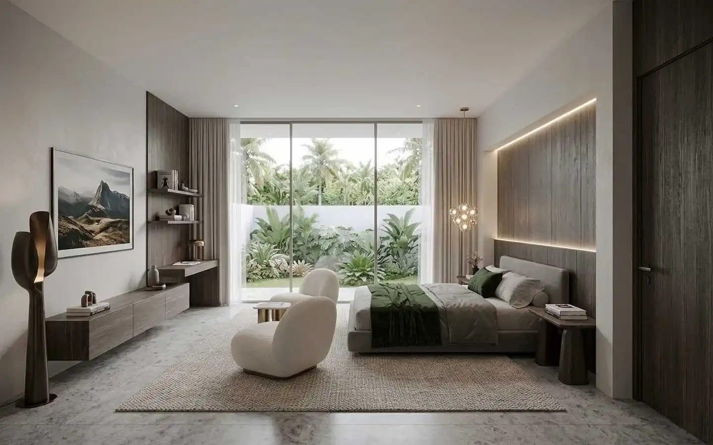 Minimalist luxury bedroom featuring a dark wood vertical slat headboard with integrated lighting, white bouclé chairs, and floor-to-ceiling windows opening to a tropical garden