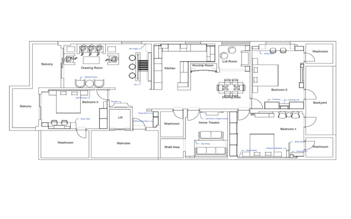 Detailed architectural 2D floor plan of a 3 BHK house featuring a dedicated home theatre, drawing room, open kitchen, dining area, and a lift