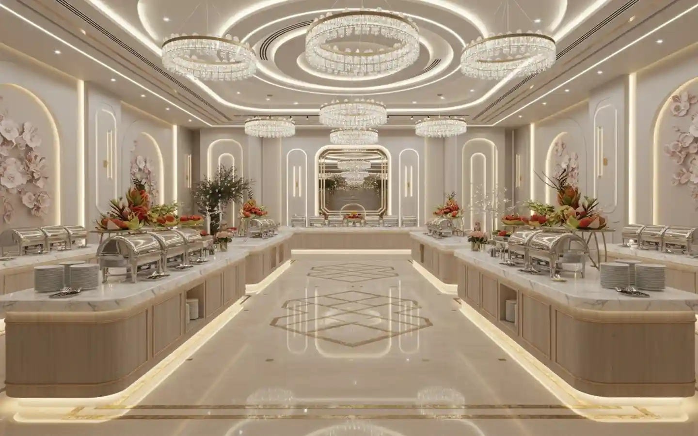 Modern banquet hall interior design featuring circular cove lighting, crystal ring chandeliers, and elegant marble buffet counters